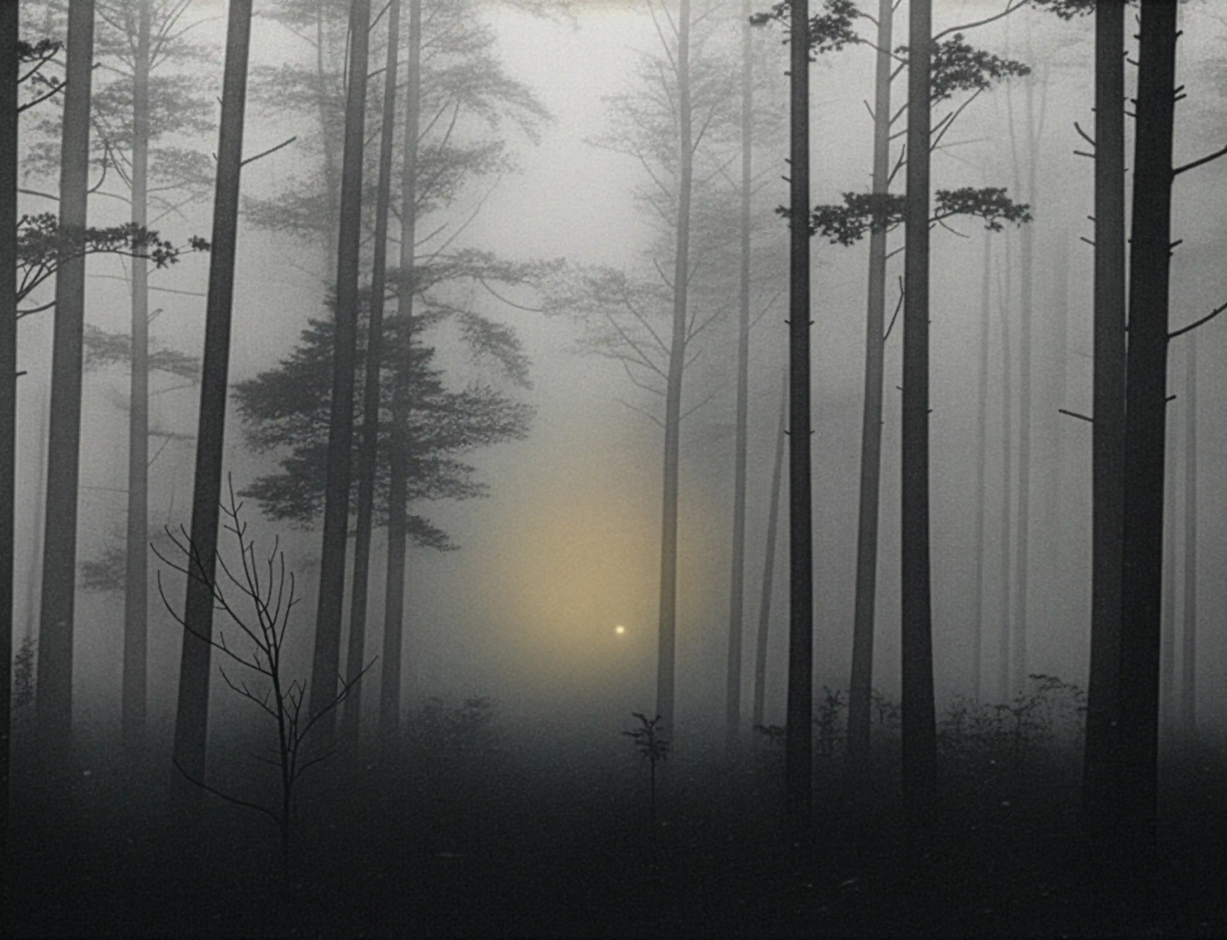 Misty forest with tall trees and a glowing yellow light in the fog